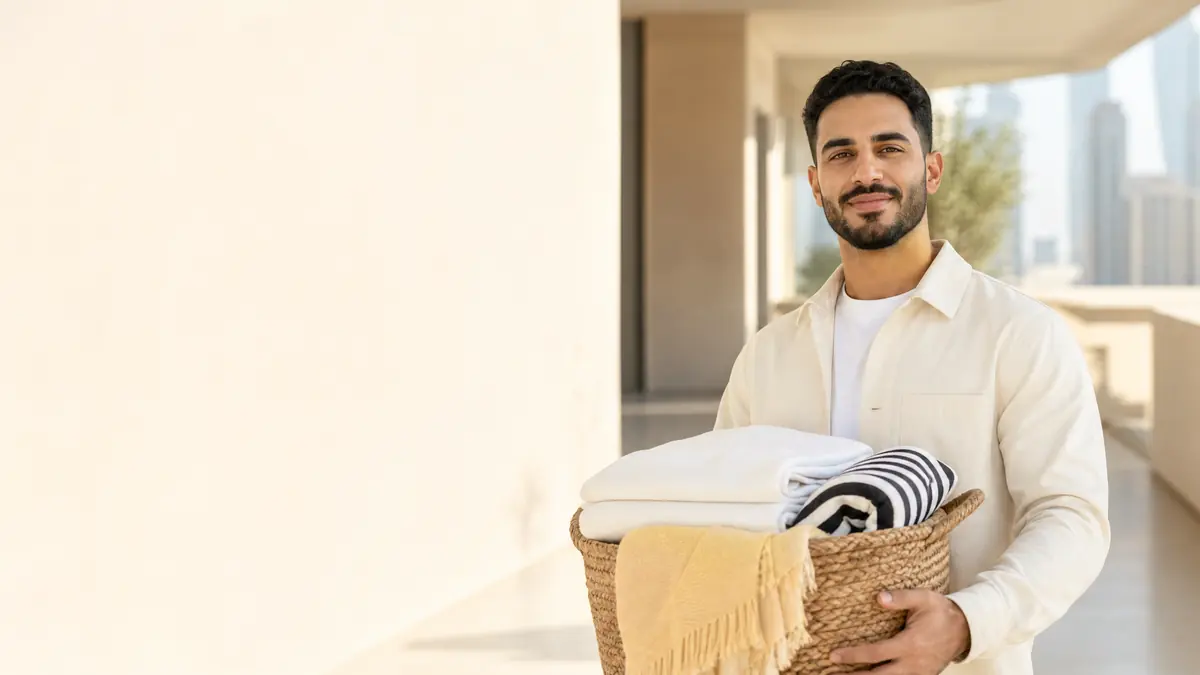 Laundry collection professional holding a basket of freshly folded linens