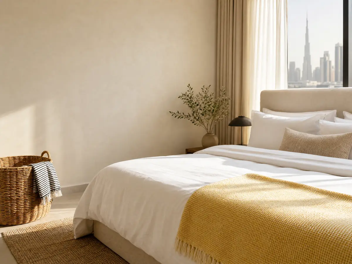 Bright modern bedroom with freshly prepared white linen